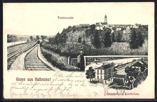 AK Kellmünz, Bahnhof mit Illerbrücke, Gesamtansicht mit Bahngleisen