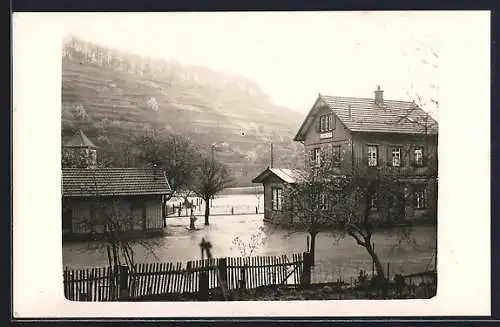 Foto-AK Zaberfeld, Hochwasser am Bahnhof