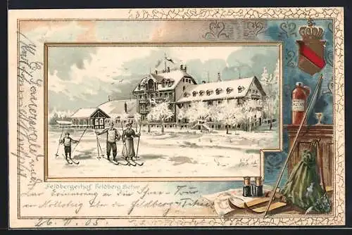 Winter-Passepartout-Lithographie Feldbergerhof, Aussenansicht mit Skifahrern, Wappen