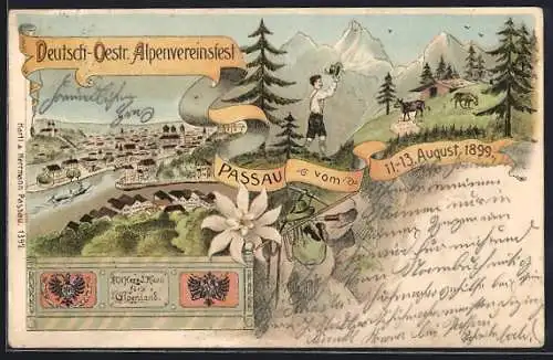 Lithographie Passau, Gesamtansicht am Fluss, Wanderer auf der Alm, Deutsch-Oestr. Alpenvereinsfest 1899