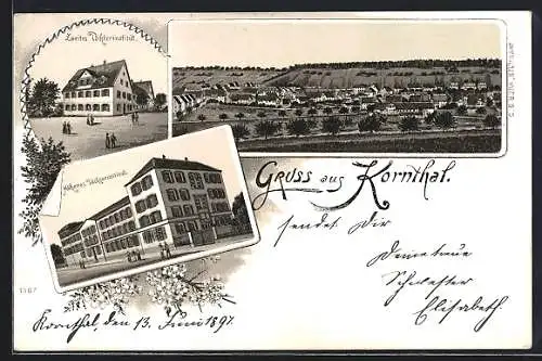 Lithographie Kornthal / Württ., Teilansicht, Höheres Töchterinstitut, Zweites Töchterinstitut