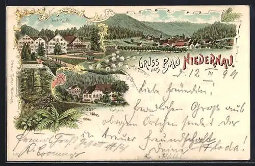 Lithographie Bad Niedernau, Bad Hotel, Kurhaus und Schlucht