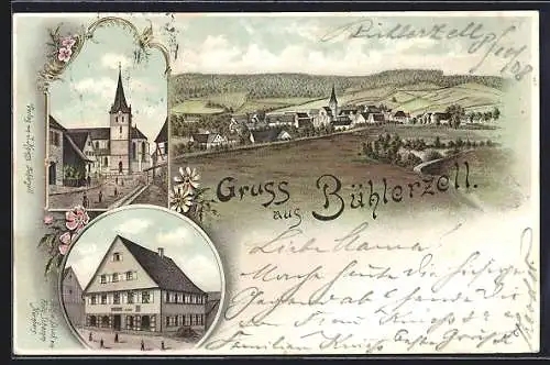 Lithographie Bühlerzell, Ortsansicht, Blick zur Kirche, Ortspartie mit Haus