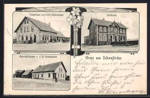 AK Schwaförden, Gasthaus von Fritz Mohrmann, Geschäft von J. H. Strahmann und Molkerei