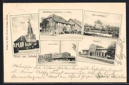 AK Sehnde, Gasthaus zur Erholung, Bes. Karl Ehlers, Zuckerfabrik, Villa Friedrichshall, Bahnhof, Kirche