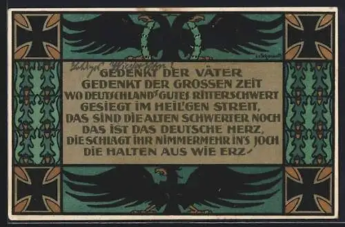 Künstler-AK sign. L. v. Schauroth: Frankfurt a. M., Nationaler Frauendienst 1914, Doppeladler, Reichsadler, Eichenlaub