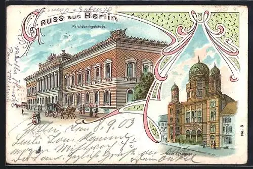 Lithographie Berlin, Oranienburger Strasse, Neue Synagoge, Reichsbankgebäude