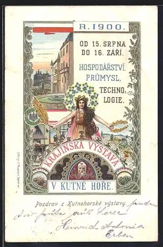 Künstler-AK Kutna Hora, Krajinská Vástava 1900, Frauenfigur mit Lorbeerkranz