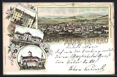 Lithographie Mähr. Trübau, Krankenhaus, Franz Josef-Springbrunnen und Postgebäude, Pfarrkirche und Pfarreigebäude