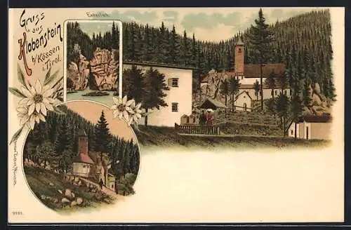 Lithographie Kössen /Tirol, Klobenstein mit Kirche, Entenloch, Edelweiss