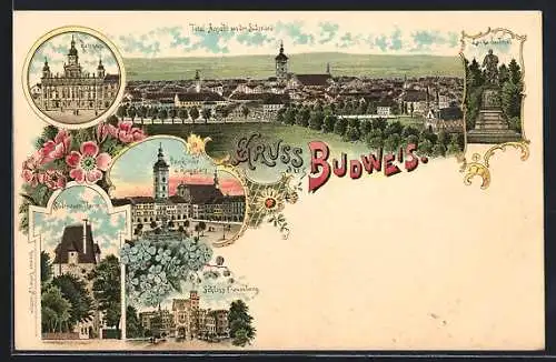 Lithographie Budweis, Domkirche und Ringlatz, Stadtmauer-Turm, Schloss Frauenberg, Rathhaus