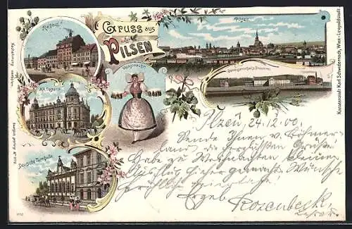 Lithographie Pilsen, Rathaus, K. k. Postamt, Deutsche Turnhalle, Genossenschafts-Brauerei