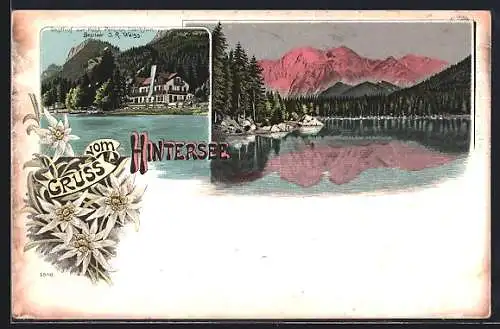 Lithographie Hintersee / Berchtesgaden, Gasthof und Post Pension Wartstein v. I. R. Weiss