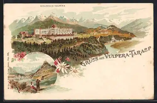 Lithographie Vulpera-Tarasp, Hotel Waldhaus Vulpera, Schloss Tarasp