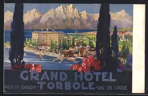 Künstler-AK Torbole, Blick zum Grand Hotel am Lago di Garda