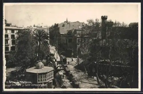 AK Palma de Mallorca, La Glorieta y Calle Conquistador, Strassenbahn