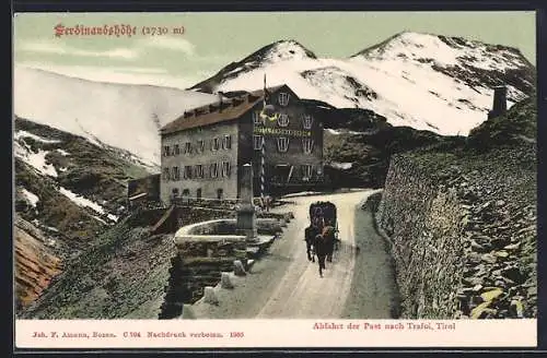 AK Stilfserjoch, Hotel Ferdinandshöhe - Abfahrt der Post nach Trafoi