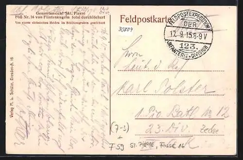 Künstler-AK St. Pierre, Foss Nr. 16 von Flintenkugeln durchlöchert