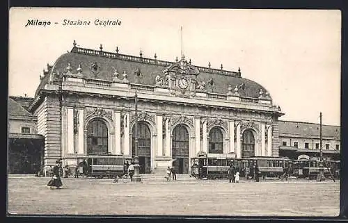 AK Milano, Stazione Centrale, Strassenbahnen vor dem Bahnhof