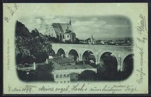 Mondschein-AK Mödling, Teilansicht mit Viadukt