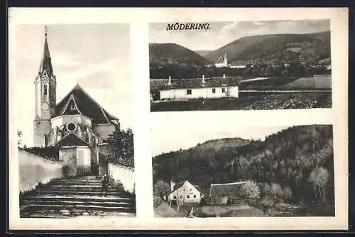 AK Horn /N.-Oe., Mödring, Ortspartie, Ortsansicht, Kirche mit Treppenaufgang