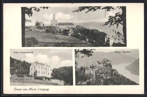 AK Maria Langegg, Villa Schwarzwald, Ruine Aggstein und Ortsansicht