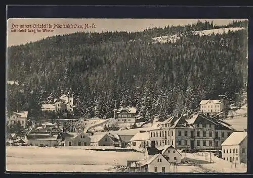 AK Mönichkirchen, Der untere Ortsteil mit Hotel Lang im Winter