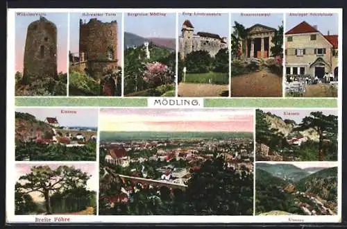 AK Mödling, Wilhelmswarte, Klausen, Burg Lichtenstein, Schwarzer Turm