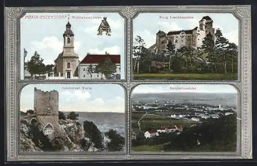 AK Maria Enzersdorf, Wallfahrtskirche, Burg Liechtenstein, Schwarzer Turm, Gesamtansicht