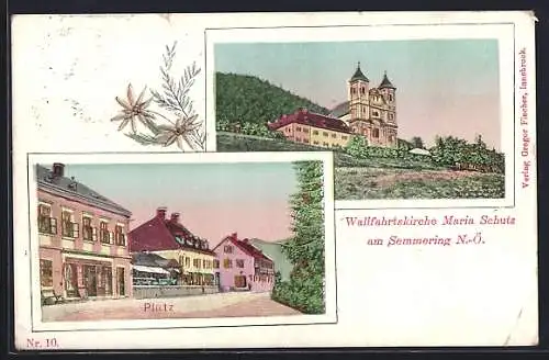 Goldfenster-AK Maria Schutz am Semmering, Wallfahrtskirche und Platzpartie