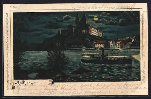 Lithographie Melk a. d. Donau, Donaupartie mit Dampfschiff