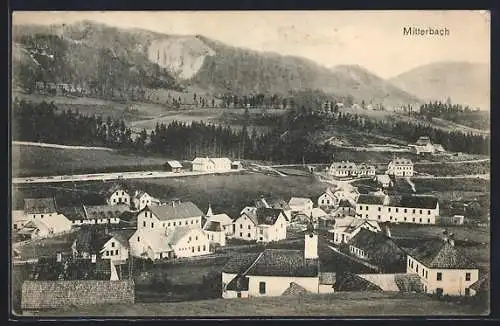 AK Mitterbach, Ortsansicht mit Kirche und Bergpanorama