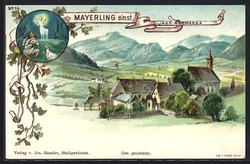 Lithographie Mayerling, Jagdschloss, Gnadenbild mit weissem Hirsch