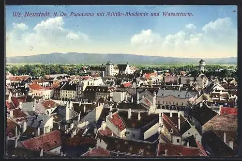 AK Wiener Neustadt, Blick aus der Vogelschau mit Militärakademie und Wasserturm