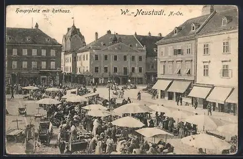 AK Wiener Neustadt /N.-Oe., Hauptplatz mit Rathaus, Wochenmarkt