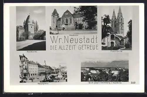 AK Wr. Neustadt, Akademie, Reckturm, Pfarrtürme, Hauptplatz, Blick gegen Schneeberg und Hohe Wand