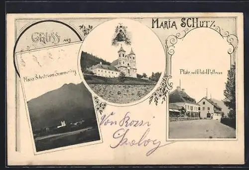 AK Maria Schutz, Wallfahrtskirche, Hotel Bellevue, Totalansicht vom Semmering