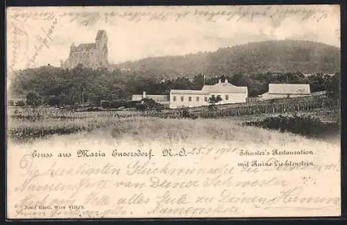 AK Maria Enzersdorf, Schuster`s Restaurant mit Ruine Liechtenstein