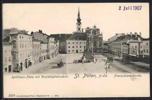 AK St. Pölten /N.-Oe., Rathaus-Platz mit Dreifaltigkeitssäule und Franziskanerkirche