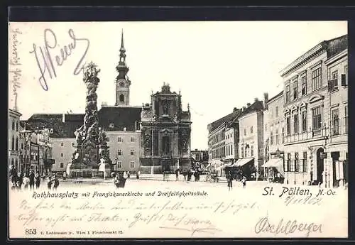AK St. Pölten, Rathausplatz mit Franziskanerkirche und Dreifaltigkeitssäule