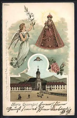 Lithographie Maria Enzersdorf, Heilige, Engel und Ortspartie