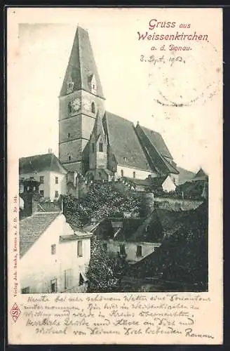 AK Weissenkirchen / Donau, Teilansicht mit Kirche aus der Vogelschau