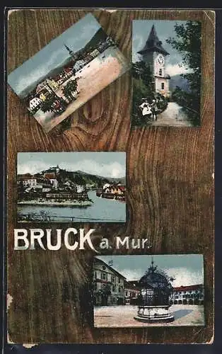 AK Bruck a. Mur, Mürzmündung, Hauptplatz, Uhrturm