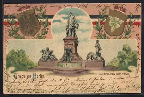 Lithographie Berlin, Wappen mit Portrait Bismarcks, Partie am Bismarckdenkmal