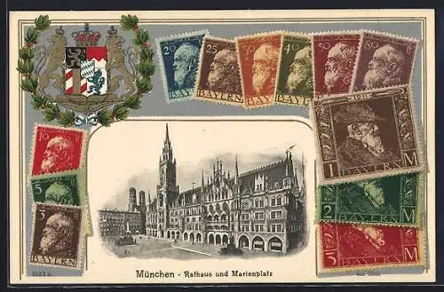 AK München, Marienplatz, Wappen und Briefmarken mit Prinzregent Luitpold