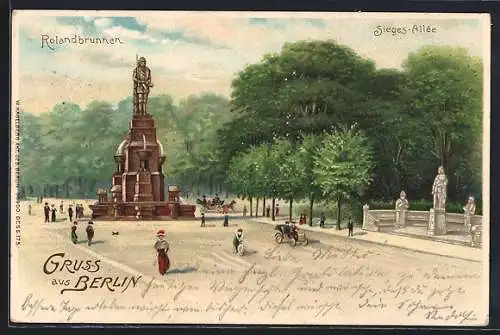 Lithographie Berlin, Sieges-Allee mit Rolandbrunnen