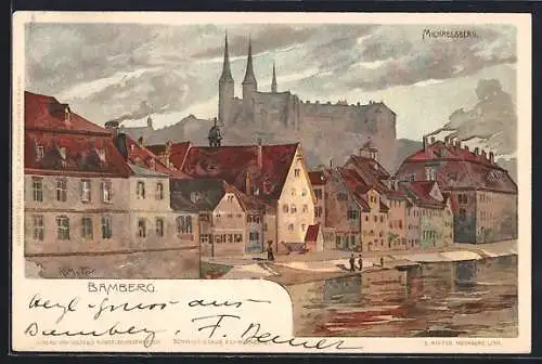 Künstler-AK K. Mutter: Bamberg, Blick vom Wasser zum Ort, Michaelsberg