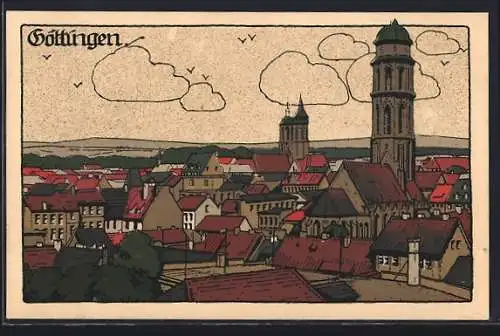 Steindruck-AK Göttingen, Ortsansicht mit Kirche