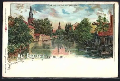 Lithographie Erfurt, Blick auf die Lehmannsbrücke im style von Venedig