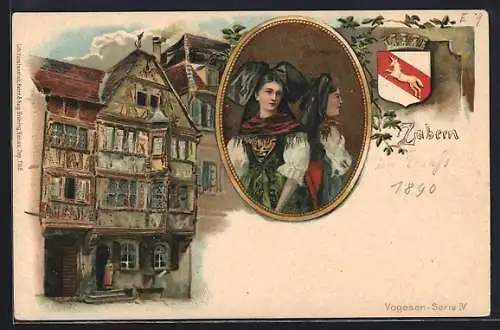 Lithographie Zabern, Frau in Tracht, Wappen, Haus